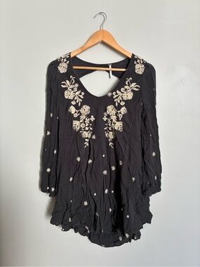 Free People Black Embroidered V-Neck Dress